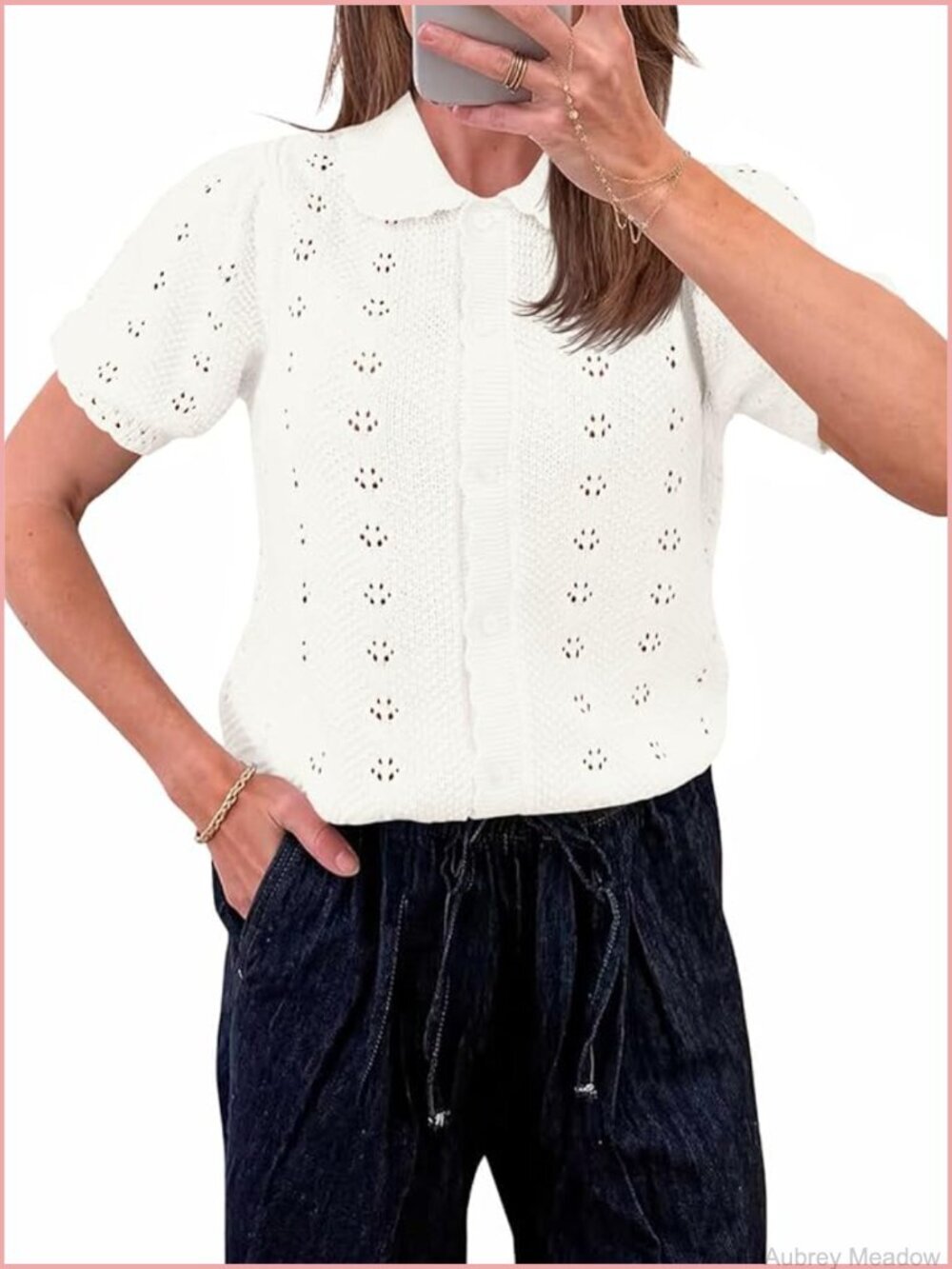 Puff Sleeve Crochet Knit Button Cardigan Lightweight Summer Sweater Top